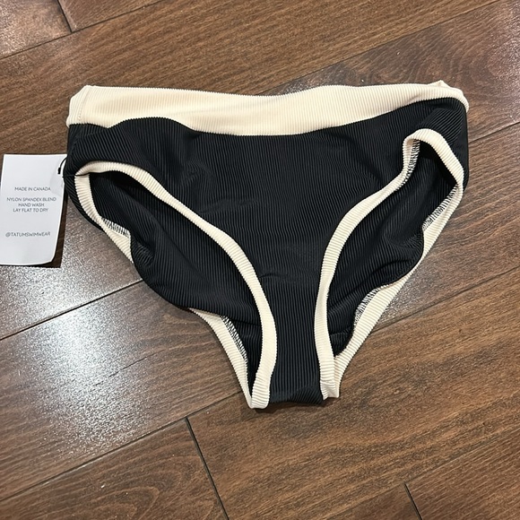 Tatum Swimwear Ribbed One Shoulder Mid-rise Bikini Black and Ivory NWT - Picture 8 of 11